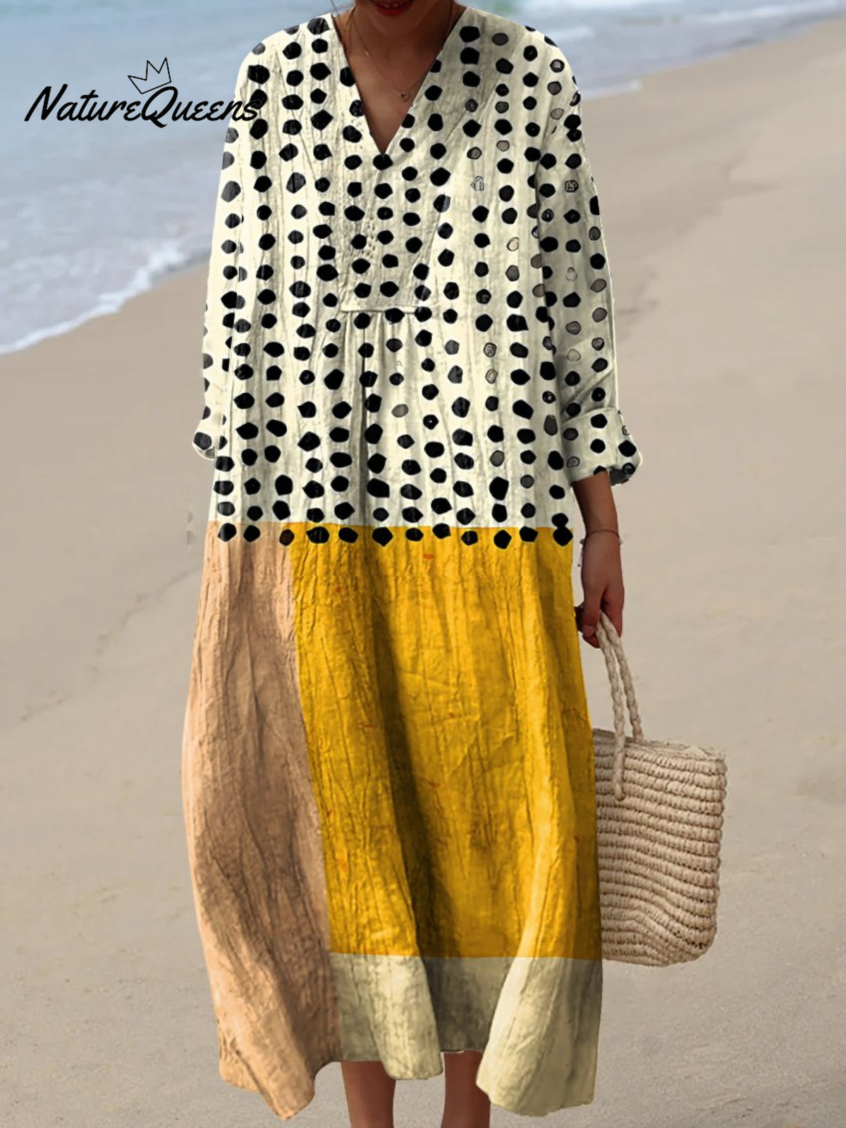 Women's Yellow Color-blocked Dots Art Watercolor Splash Fluid Art Print Flowy Dress