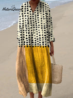 Women's Yellow Color-blocked Dots Art Watercolor Splash Fluid Art Print Flowy Dress