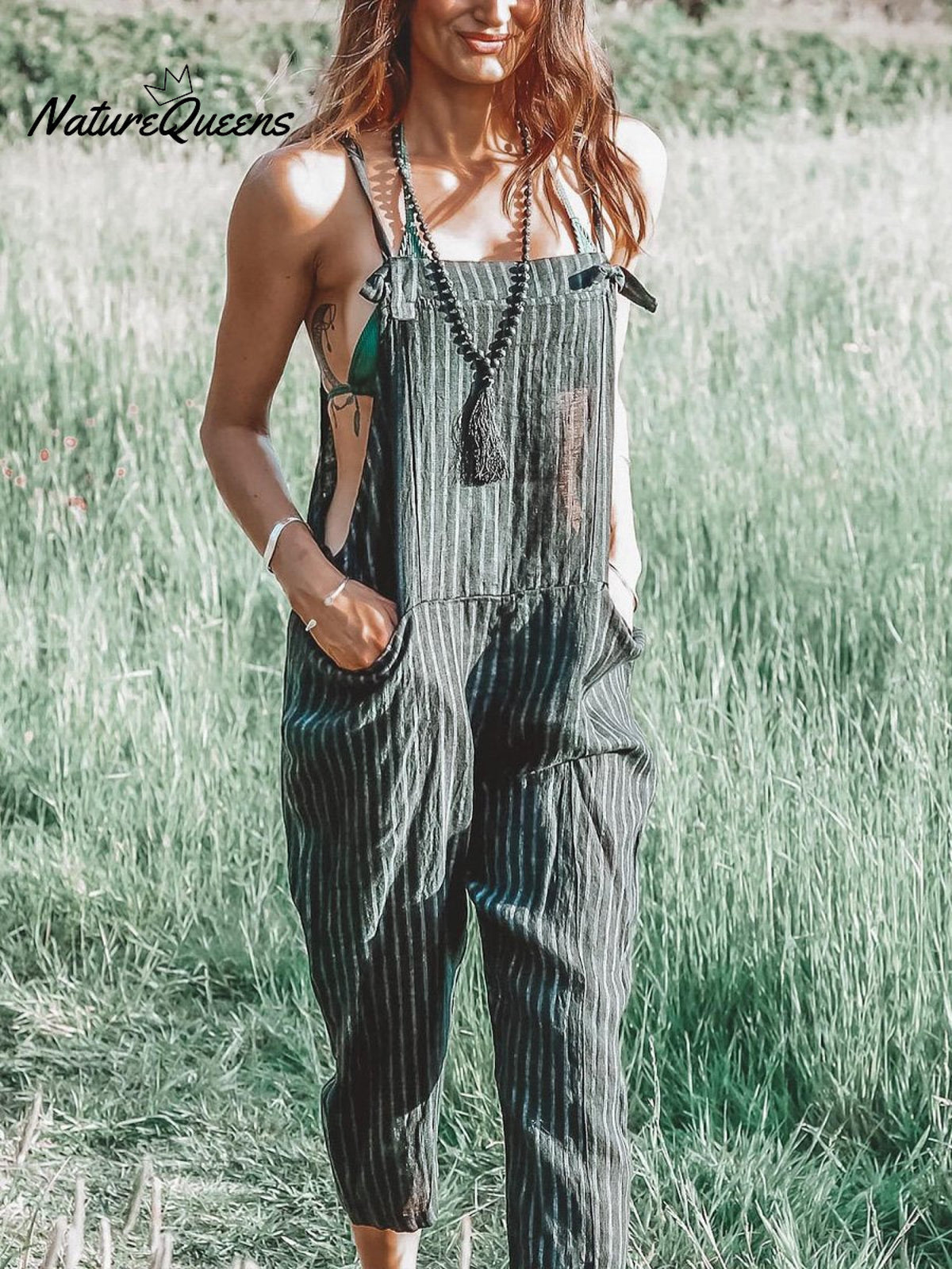 Women's Casual Cotton And Linen Stripe Pattern Printed Jumpsuit