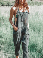 Women's Casual Cotton And Linen Stripe Pattern Printed Jumpsuit
