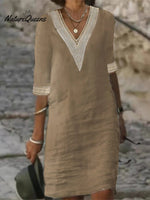 V - Neck Mid - Sleeved Cotton And Linen Casual Dress Khaki / S