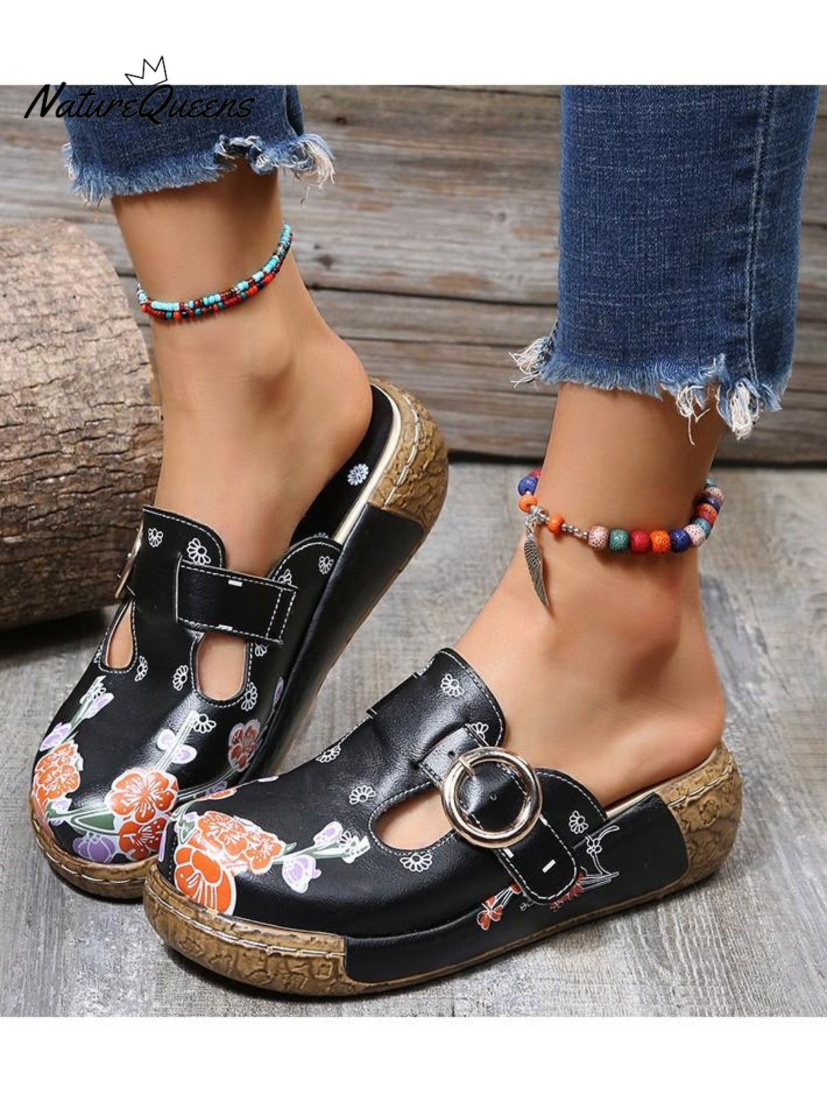 Women’s Ethnic Style Flower Color Matching Thick Soled Sandals Black / 36