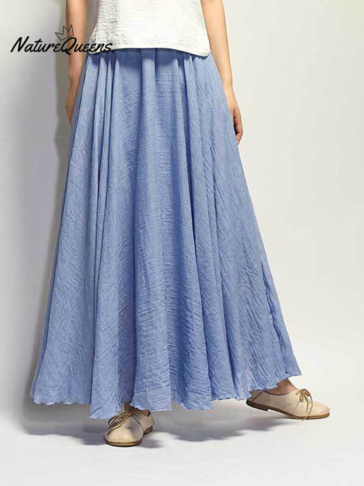 Women’s Cotton Linen Skirt Casual Elastic High Waist Pleated A-Line Beach Skirts Light Denim / S