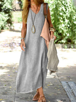 Summer Cotton And Linen Solid Colour Long Dress Grey / S
