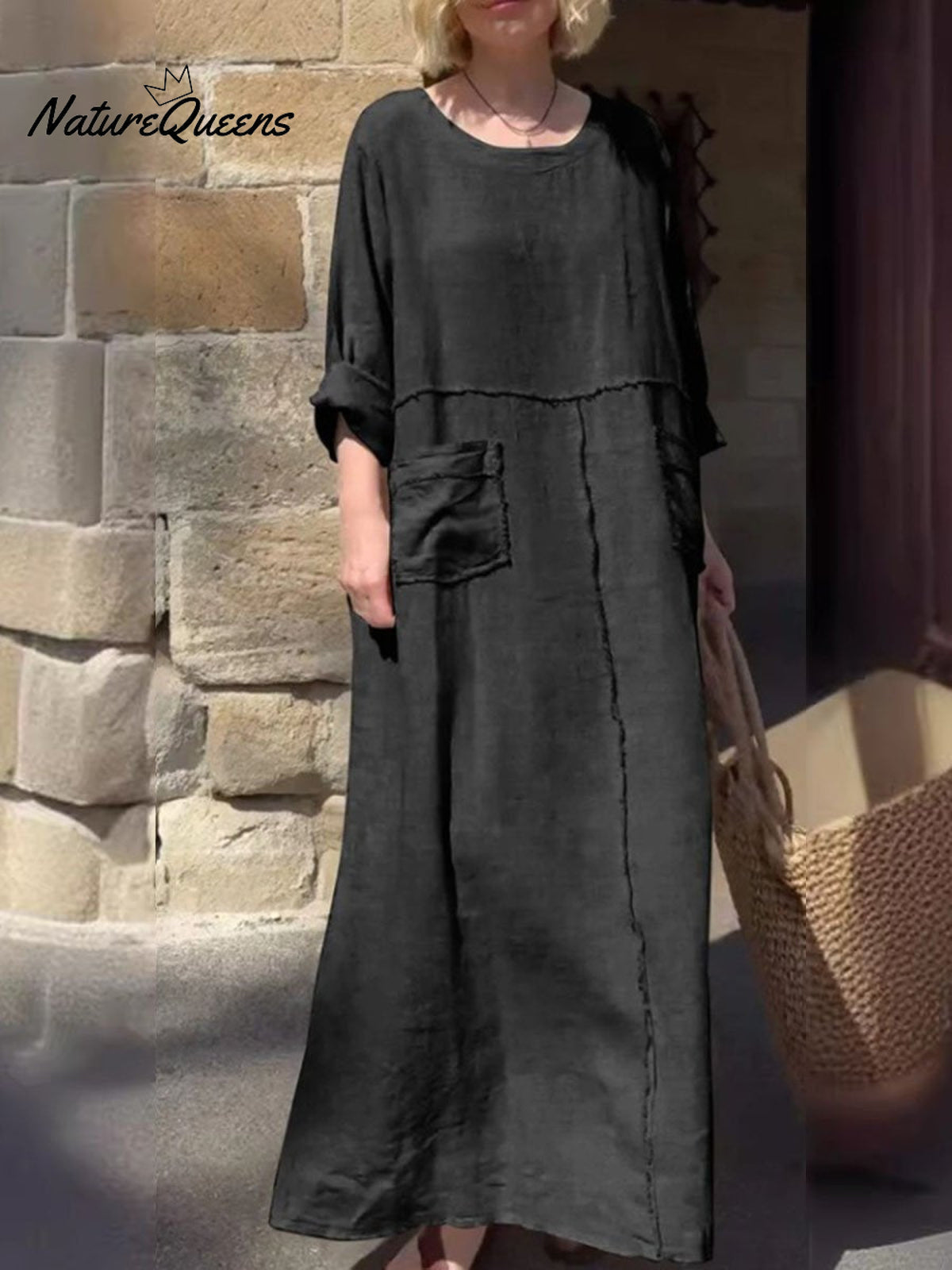 Women's Round Neck Solid Color Cotton And Linen Long Sleeve Pocket Casual Pleated Dress