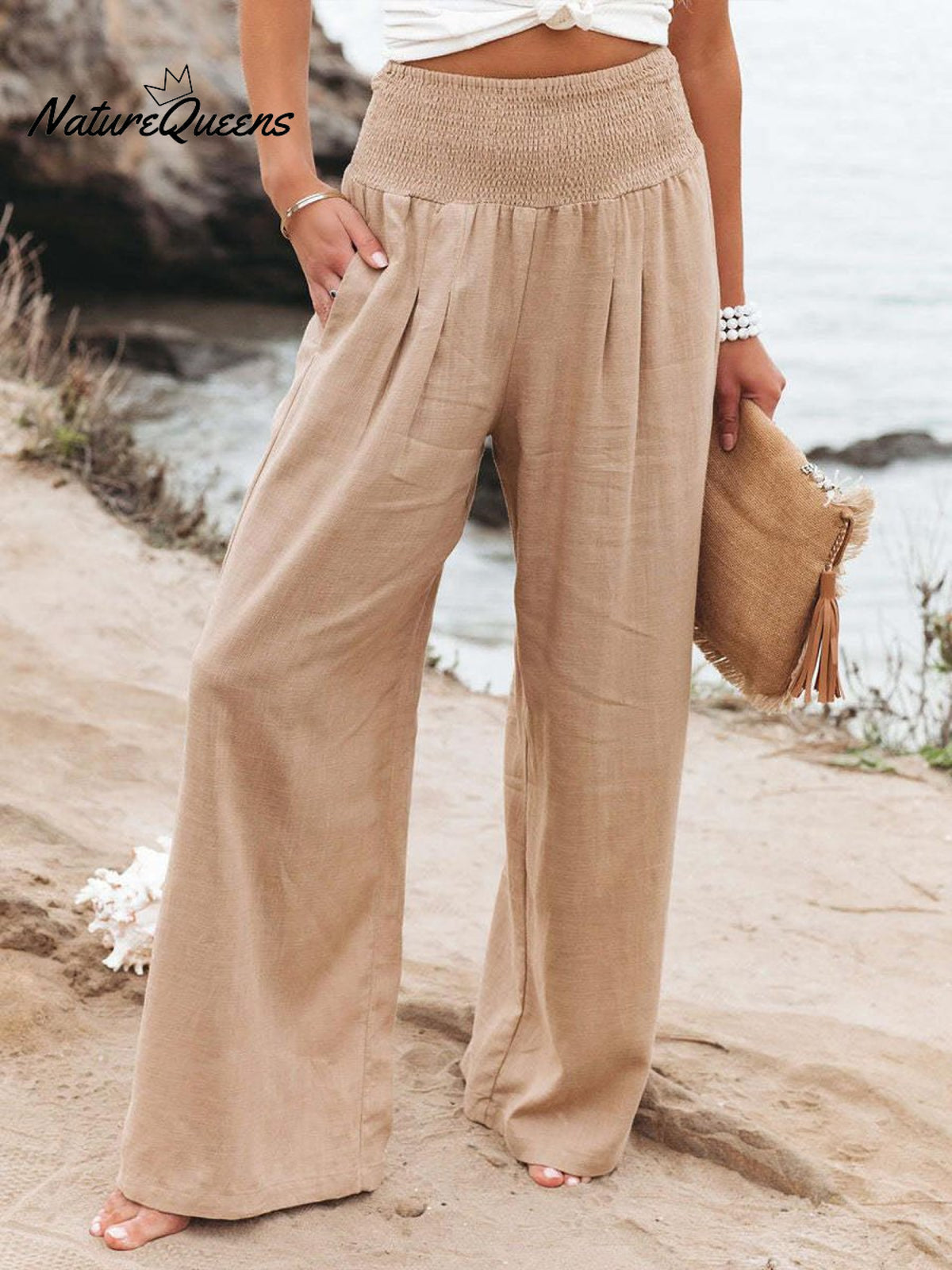 Women’s Cotton And Linen Elasticated Waist - Waisted Wide - Leg Pants Khaki / S