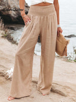 Women’s Cotton And Linen Elasticated Waist - Waisted Wide - Leg Pants Khaki / S