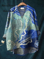Women's Hand Painted Dark Blue Ocean Art Print Casual Cotton Shirt