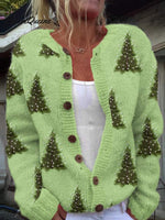 Women's Lovely Christmas Tree Art Print Buttoned Cardigan Sweater
