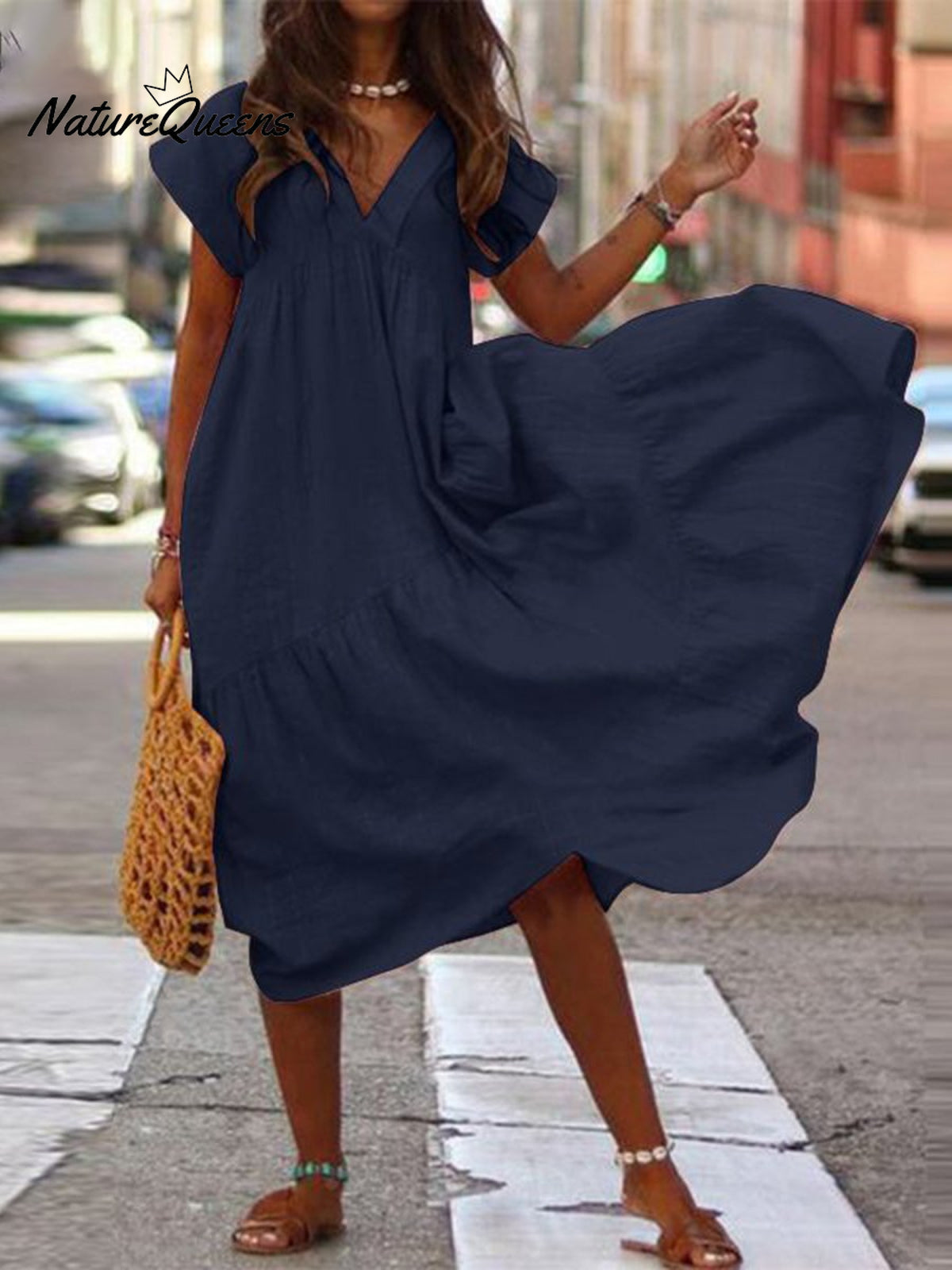 Temperament Cotton And Linen Loose V - Neck Women’s Dress Navy Blue / S