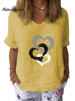 Women’s Love Art Print Cotton & Linen Casual Top Yellow / S