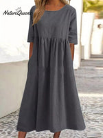 Cotton And Linen Casual Short Sleeve Pocket Pleated Loose Round Neck Dress Dark Grey / S