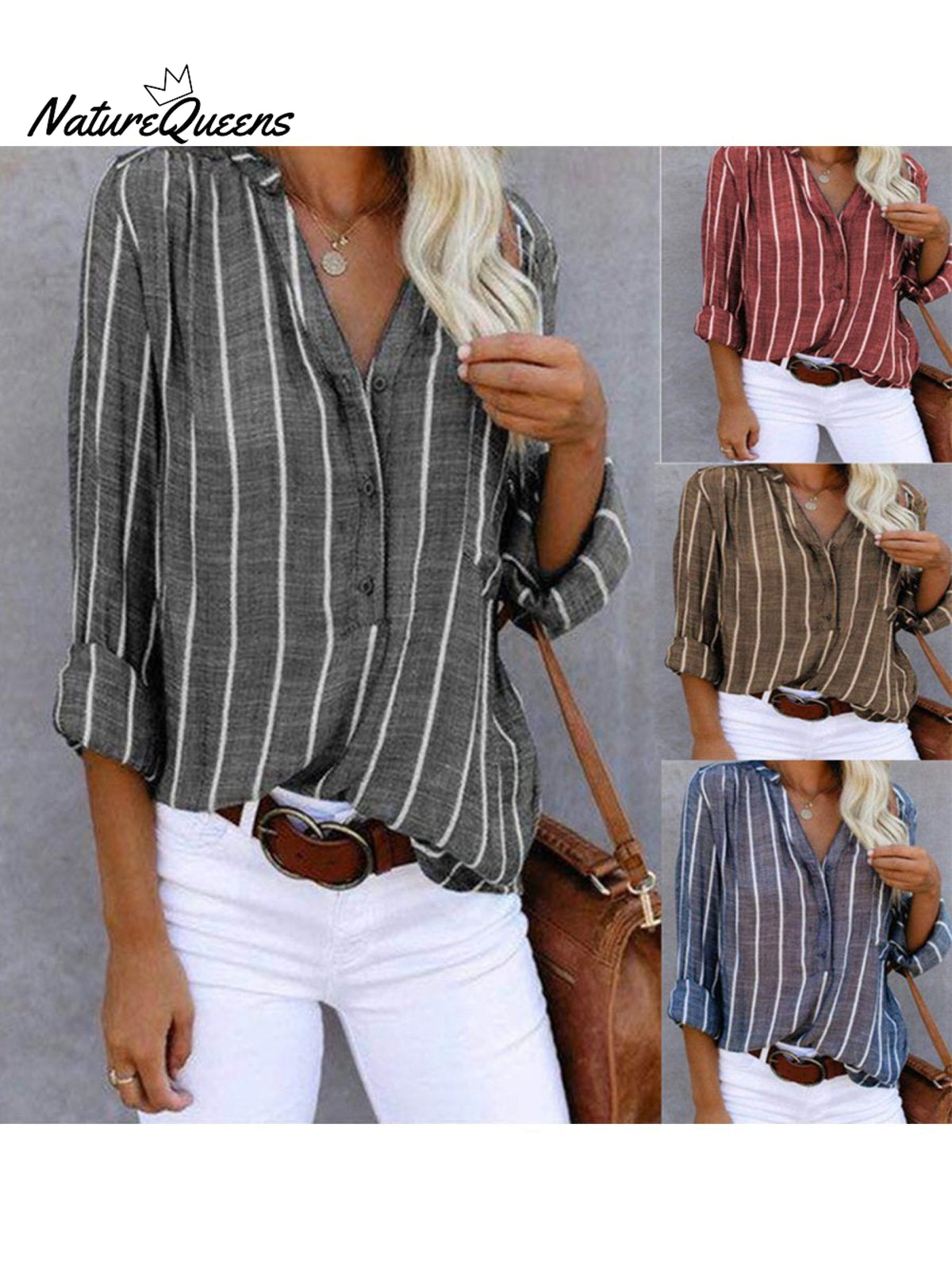 Women‘s Long Sleeve Blouse Ladies Fashion V - Neck Stripe Shirt