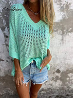 Women's Solid Color Stylish Hollow Long-sleeved V-neck Casual Knitted Top