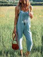 Women's Casual Cotton And Linen Stripe Pattern Printed Jumpsuit