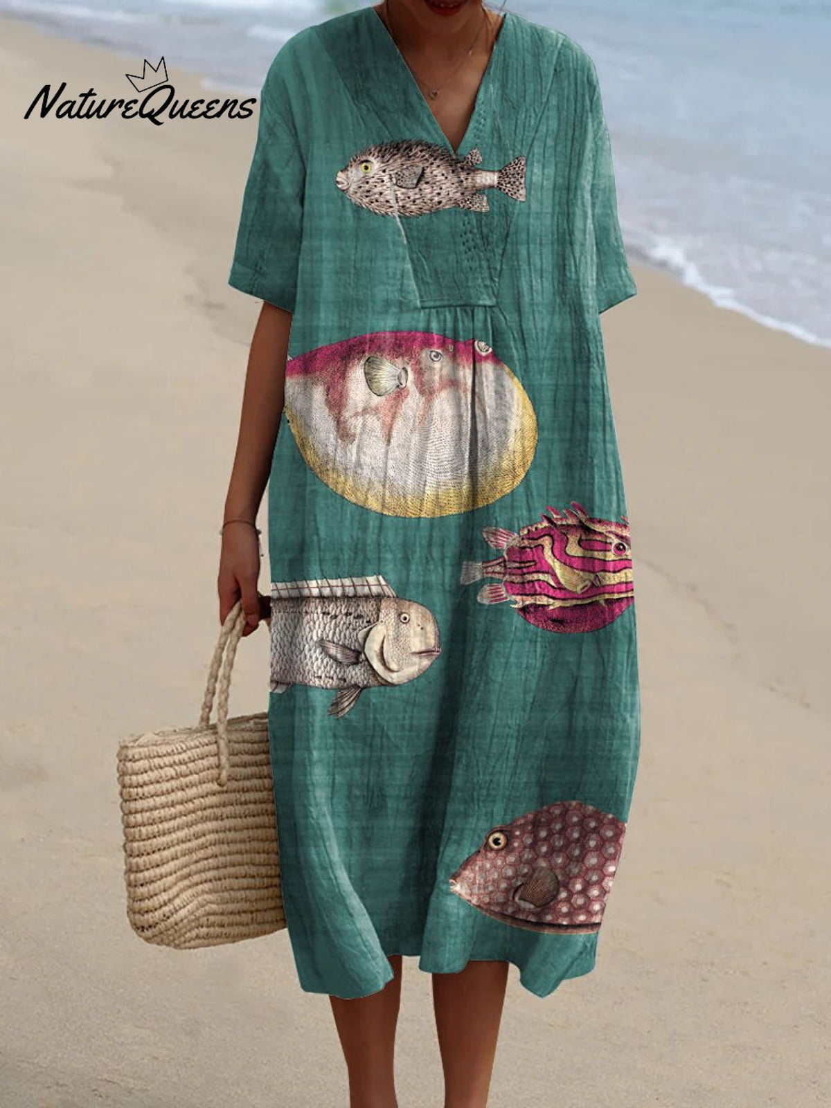 Women's Vintage Lovely Fish Art Print Flowy Dress