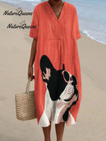 Decorative Pattern of French Bulldog Wearing Sunglasses On Red Background Casual Cotton And Linen Shirt