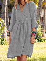 Women's Cotton and Linen Solid Color Seven-Quarter Sleeve Midi Dress