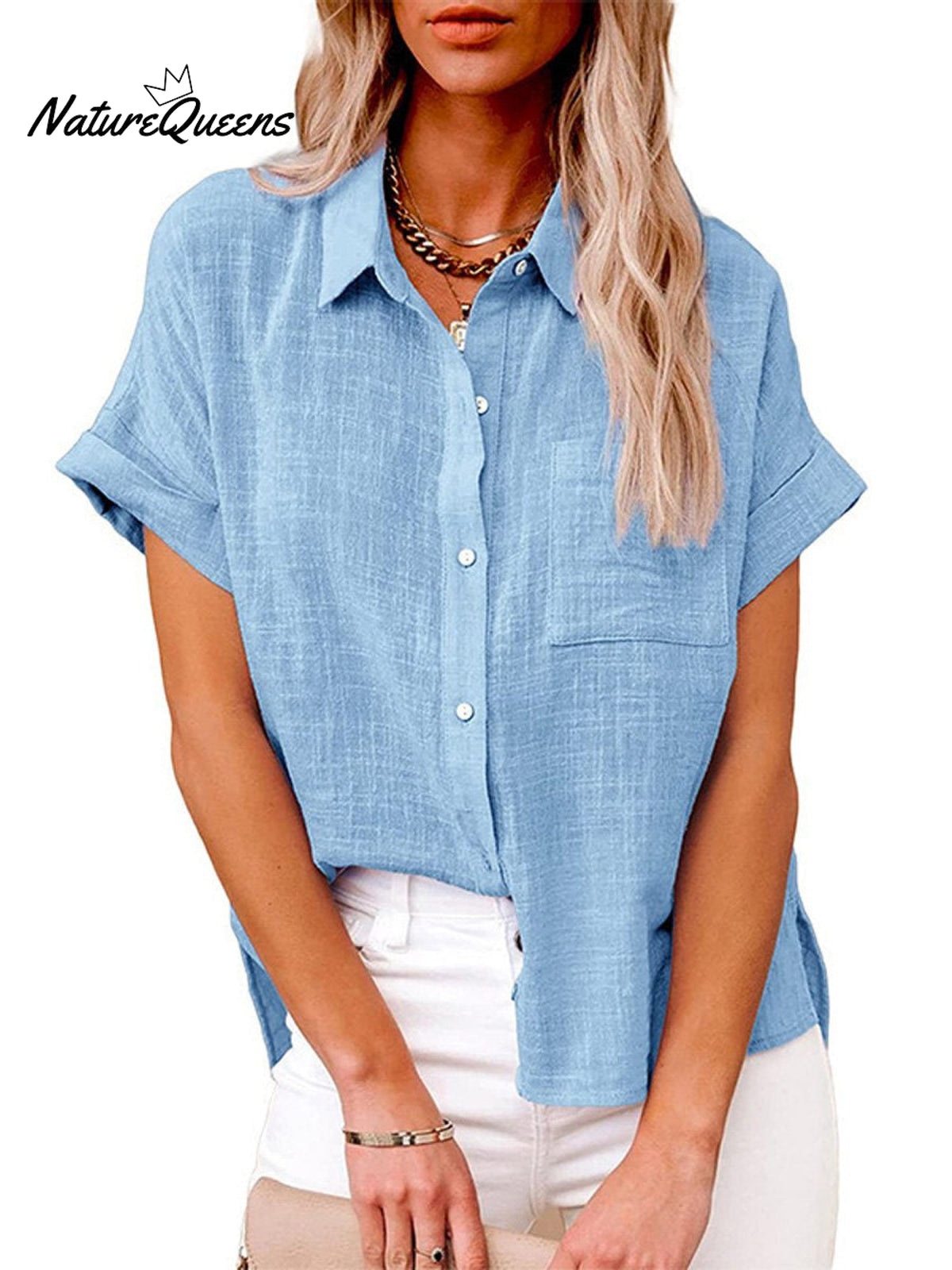 Women’s Solid Color Button Down Short Sleeve Shirt Azure Blue / S