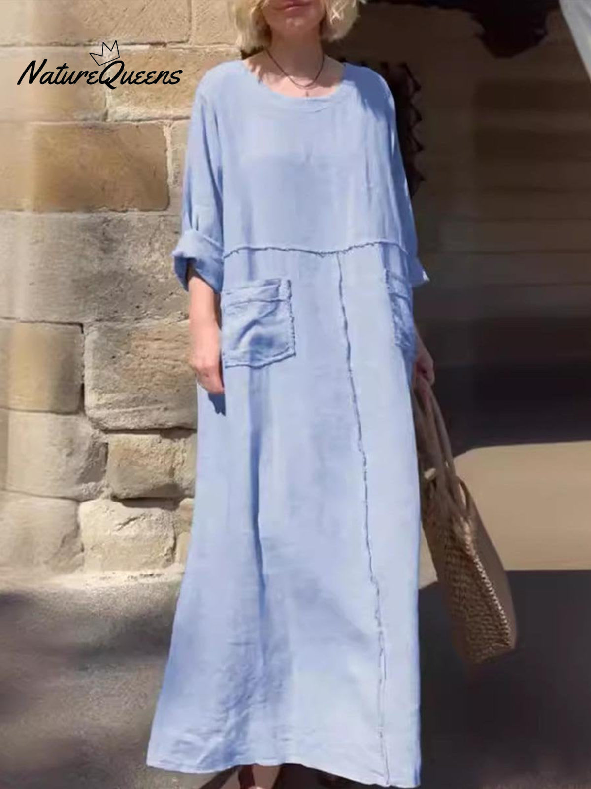 Women's Round Neck Solid Color Cotton And Linen Long Sleeve Pocket Casual Pleated Dress