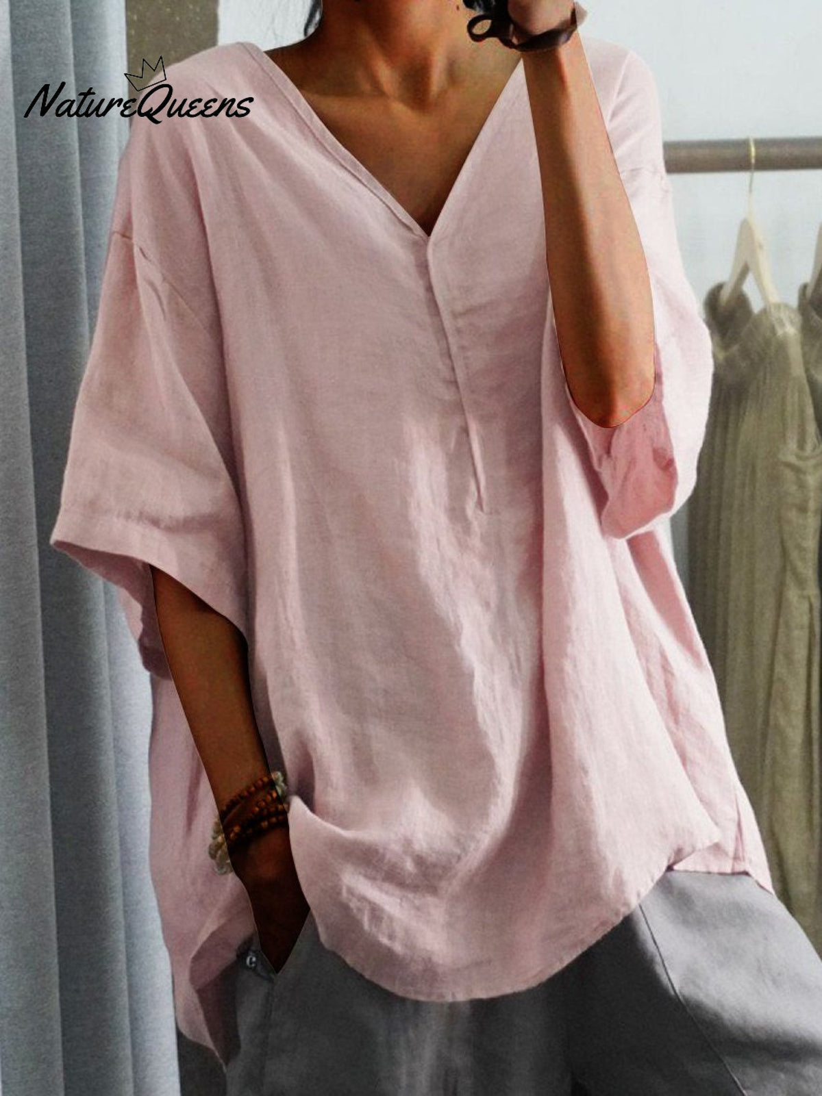 Women's V-neck Casual Cotton And Linen Shirt