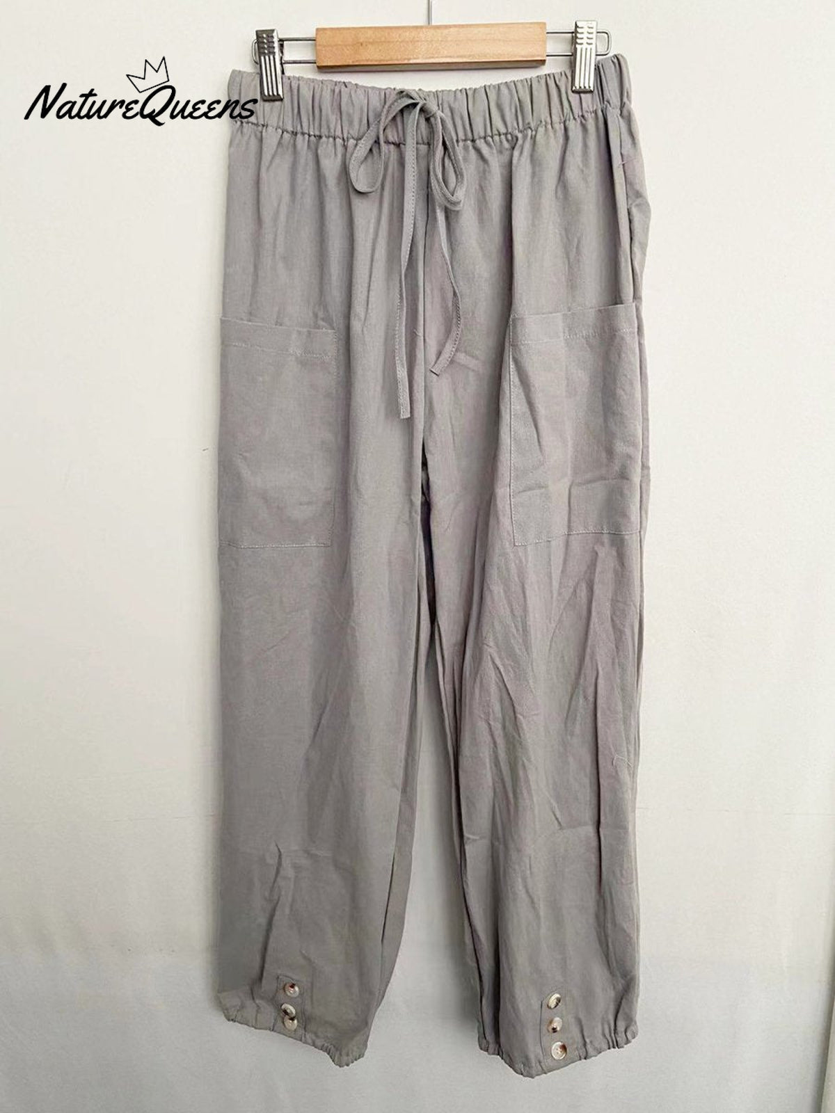 High - Waisted Buttoned Cotton And Linen Pants Cropped Gray / S