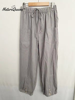 High - Waisted Buttoned Cotton And Linen Pants Cropped Gray / S
