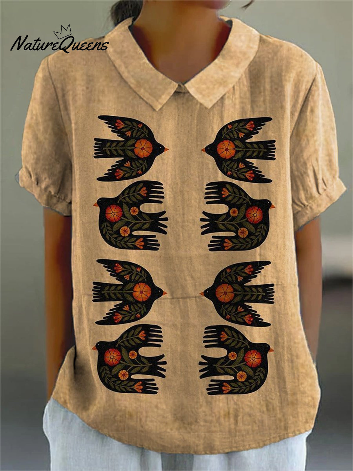Women's Retro Bird Print Casual Cotton and Linen 3/4 Sleeve Shirt