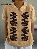 Women's Retro Bird Print Casual Cotton and Linen 3/4 Sleeve Shirt