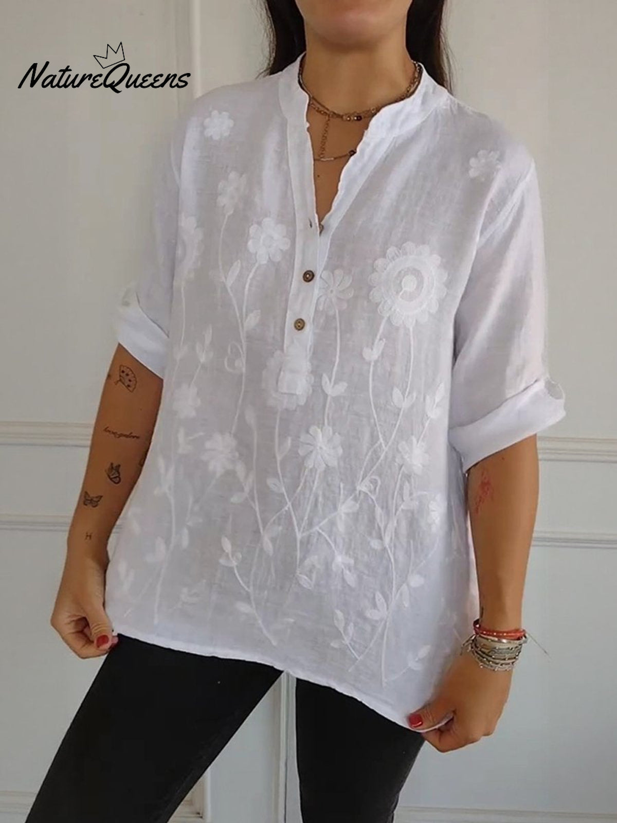 Women's Art Print Casual Cotton And Linen Henry Collar Shirt