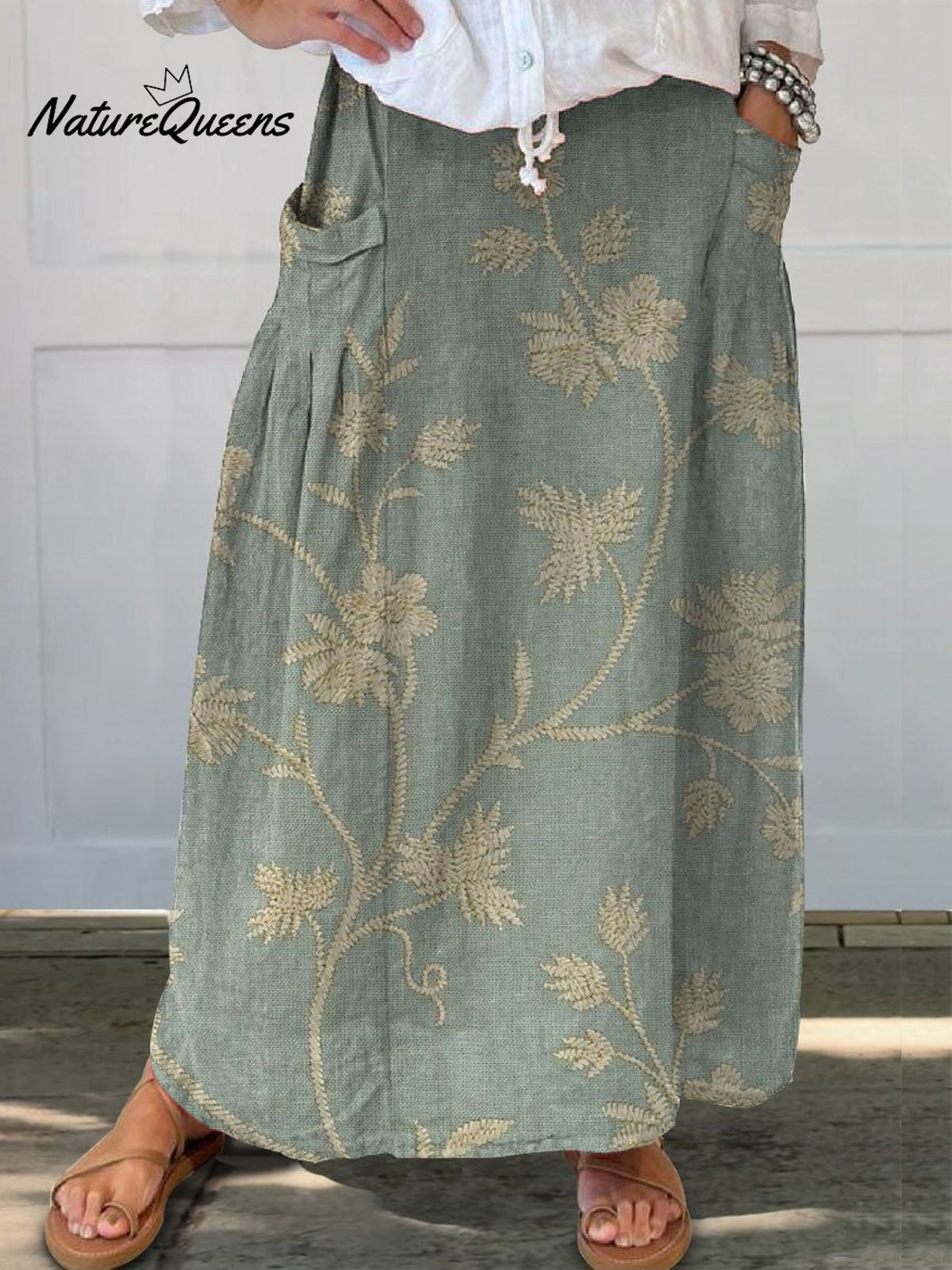 Women’s Retro Floral Art Linen Elastic Waistband Pocket Skirt / S