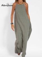 Fashionable Casual Cotton And Linen Slit Slip Dress Grey / S