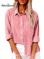 Women's Slit Cotton and Linen Long-sleeved Shirt