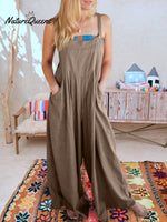 Women’s Solid Color Loose Elegant Casual Cotton Linen Suspender Jumpsuit Brown / S