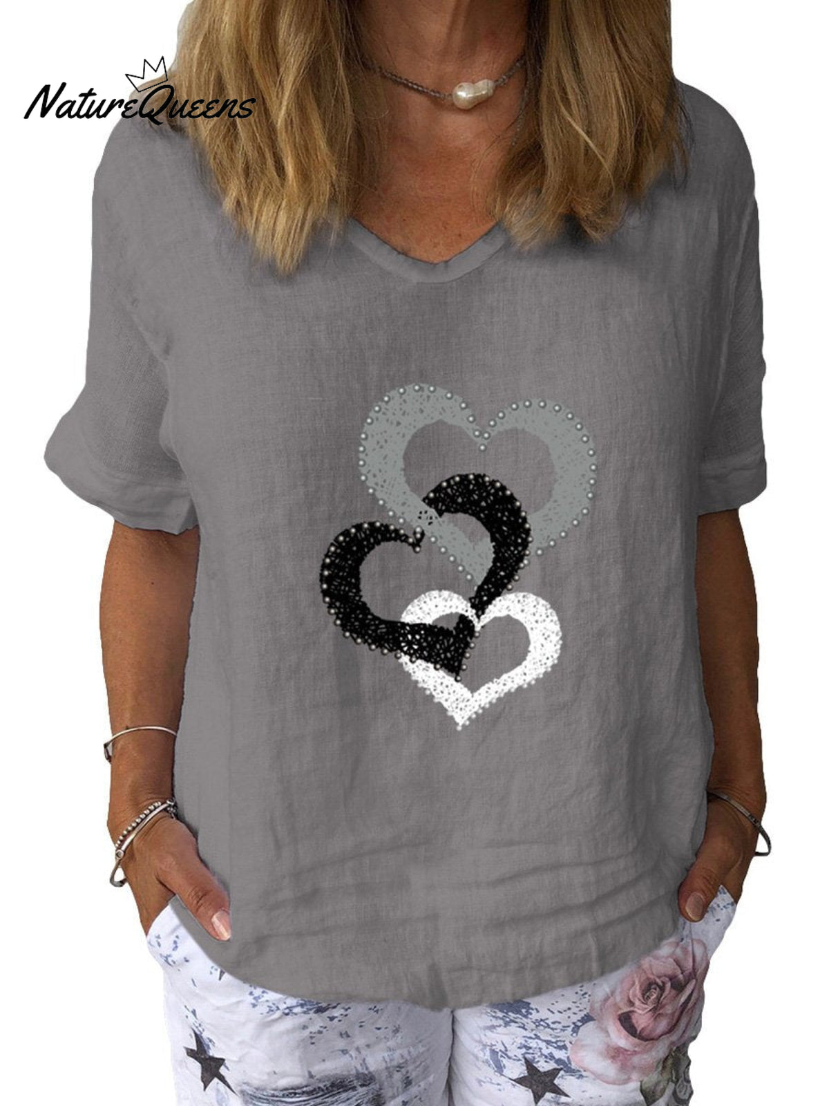 Women’s Love Art Print Cotton & Linen Casual Top Grey / S