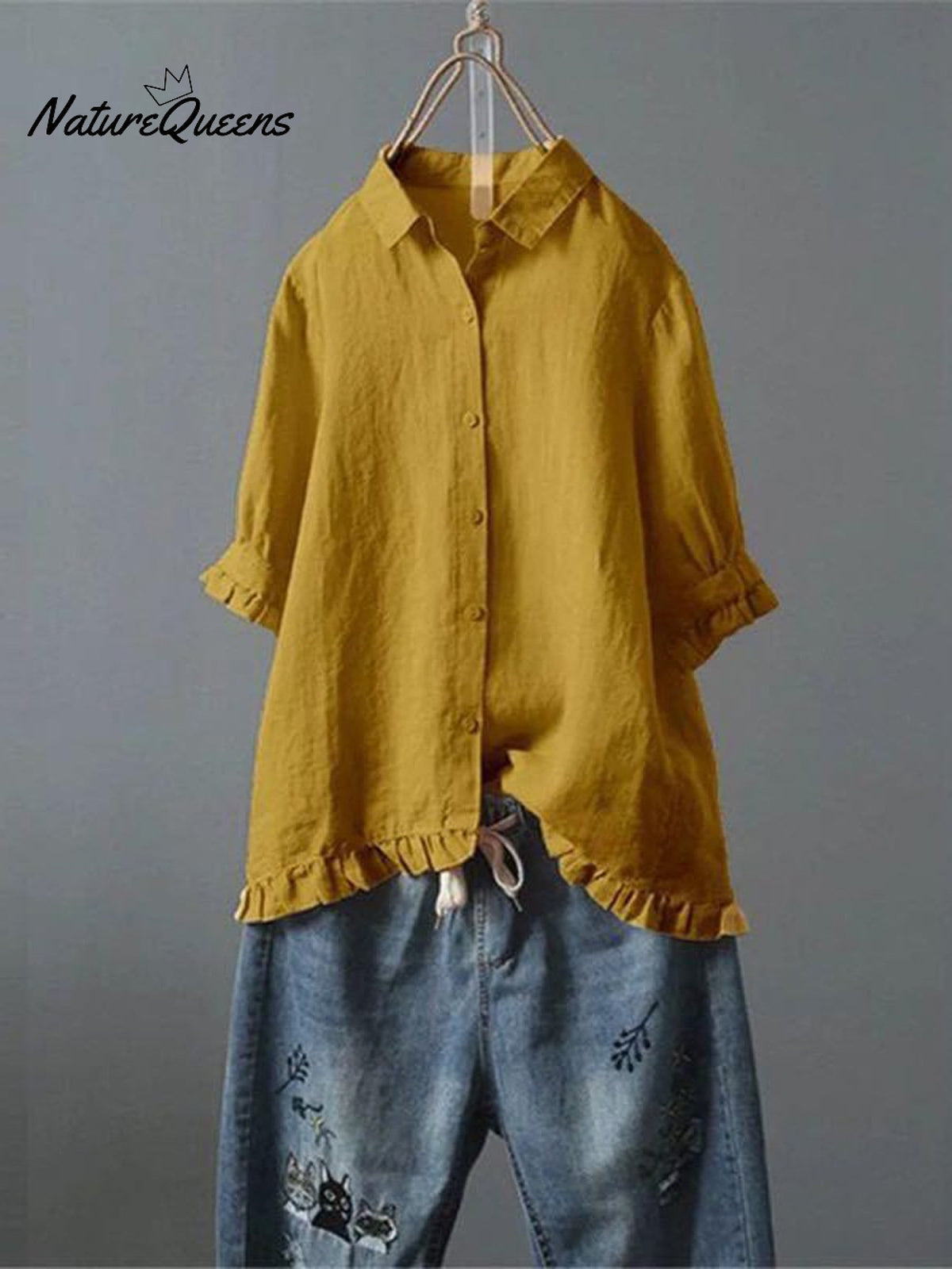 Women's Cotton and Linen Casual Single-Row Button Ruffle Shirt