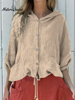 Women’s Hooded Drawstring Linen Casual Blouse Sand / S