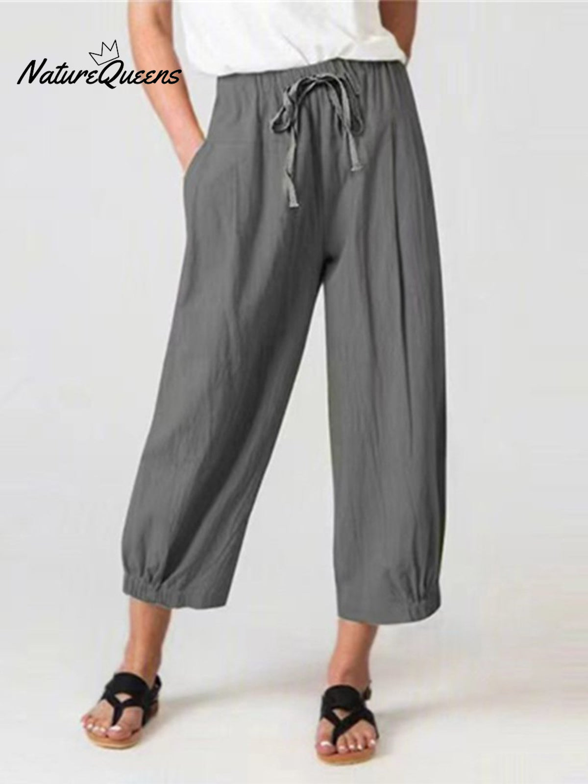 Women’s Slacks With Cotton And Linen Drawstring Pockets Dark Gray / S