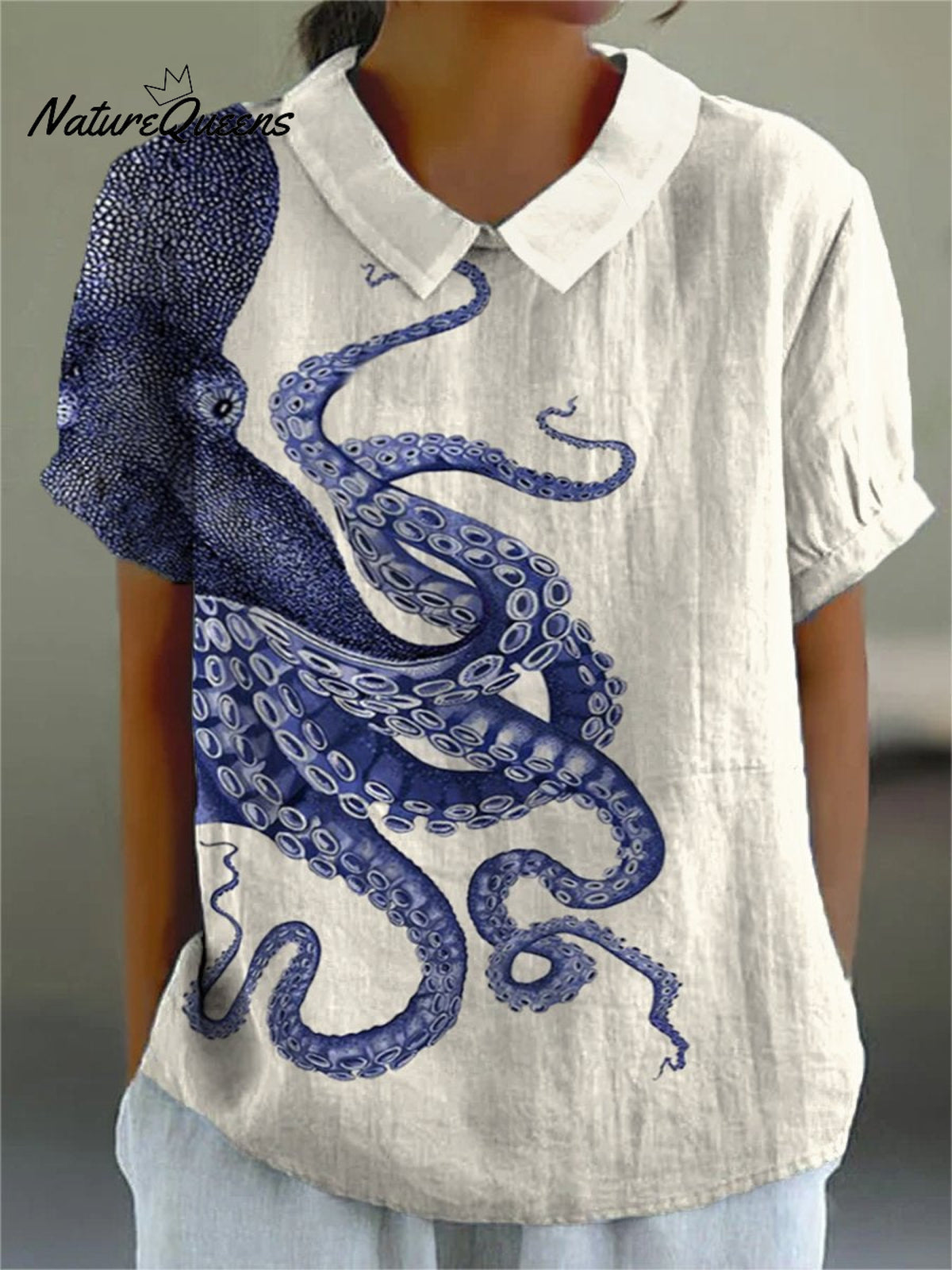 Women's Deep Sea Octopus Tentacles Art Print Casual Cotton And Linen 3/4 Sleeve Shirt