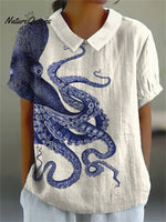 Women's Deep Sea Octopus Tentacles Art Print Casual Cotton And Linen 3/4 Sleeve Shirt