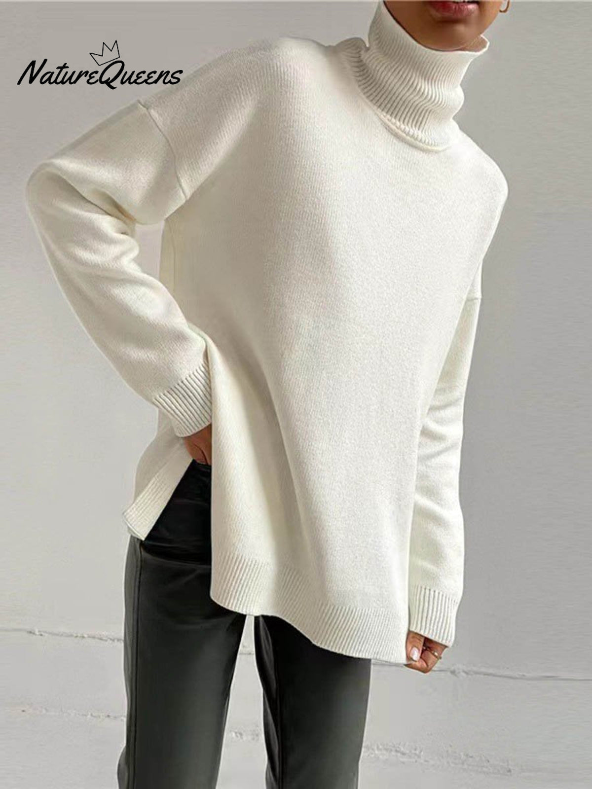 Women's Solid Color Stylish Long-sleeved Loose turtleneck Warm Casual Knitted Sweater
