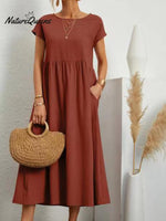 Women’s Solid Color Cotton Linen Round Neck A - Line Dress Orange / S