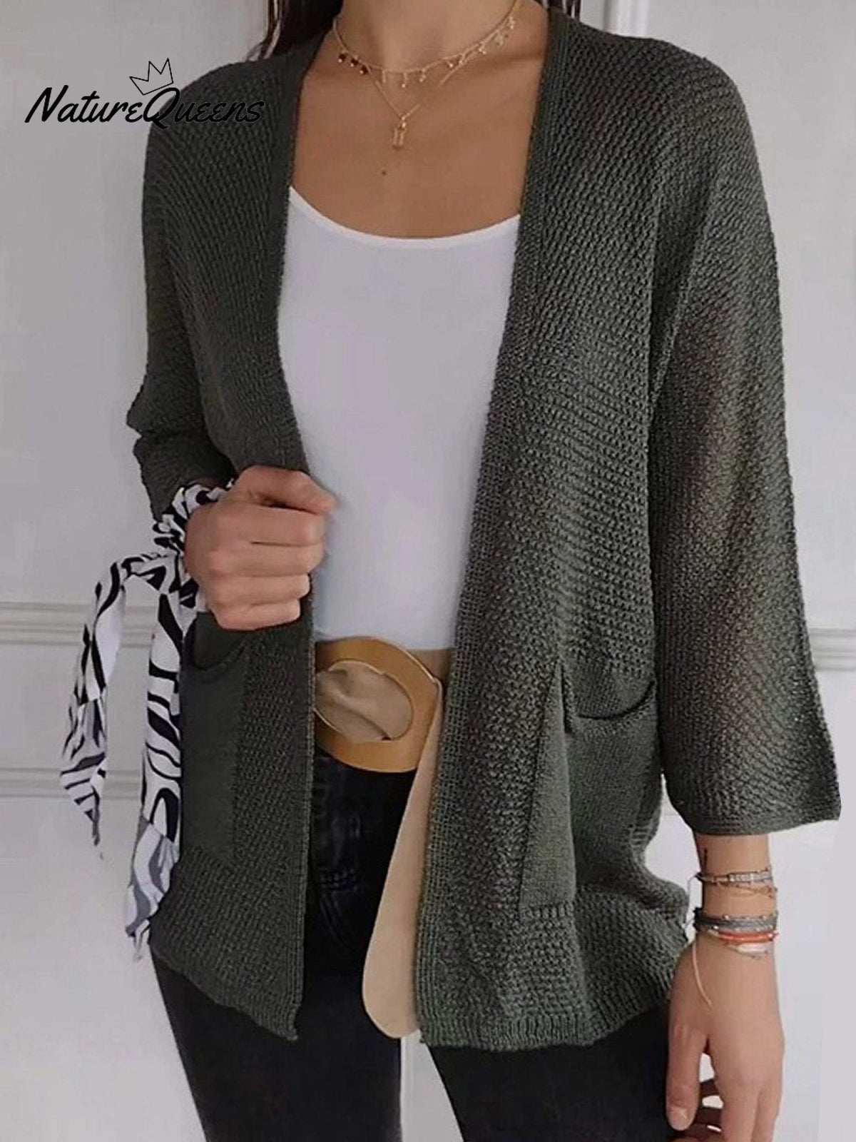 Women's Waffle Grid Texture Nine Quarter Sleeve Casual Cardigan Jacket