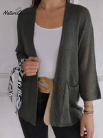 Women's Waffle Grid Texture Nine Quarter Sleeve Casual Cardigan Jacket