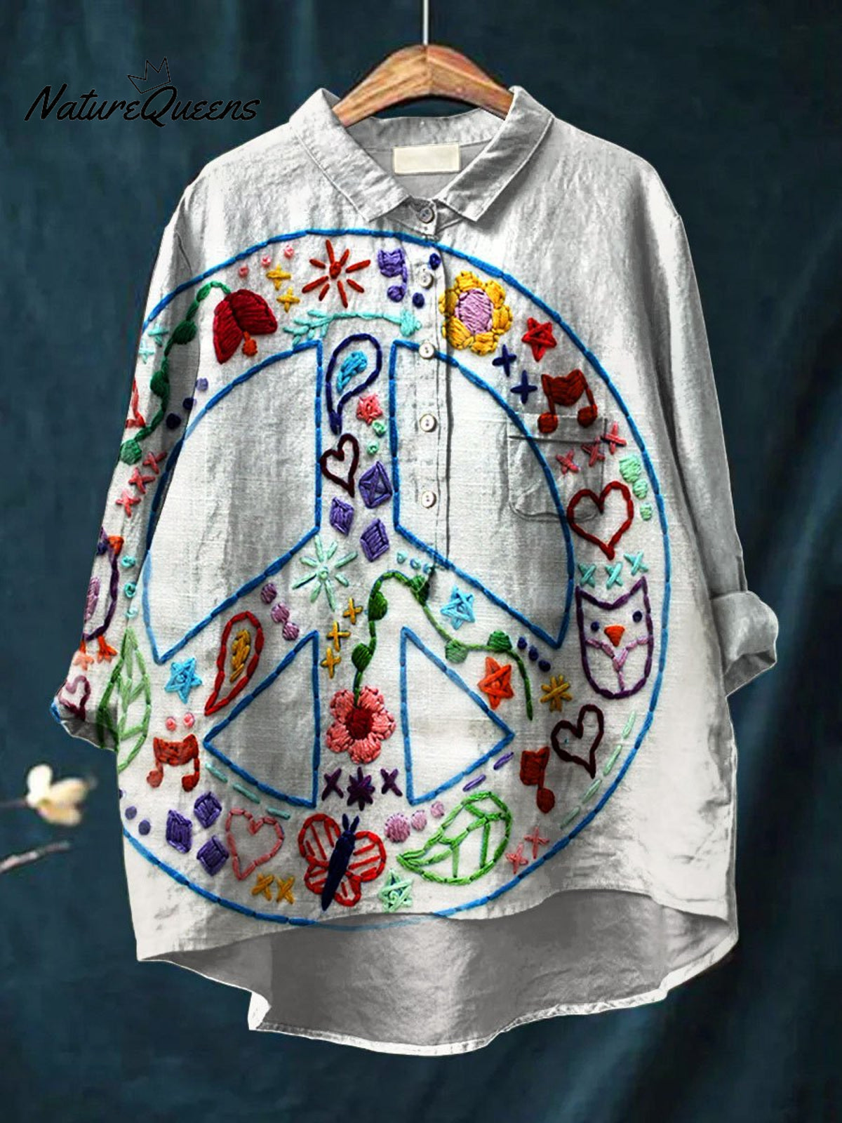 Women's Vintage Peace Art Print Casual Cotton And Linen Shirt