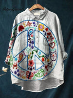 Women's Vintage Peace Art Print Casual Cotton And Linen Shirt
