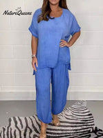 Women's Solid Color Cotton And Linen Short-sleeved Two-piece Suit