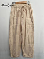 High - Waisted Buttoned Cotton And Linen Pants Cropped Beige / S