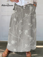 Women’s Flowers And Leaves Art Pattern Print Linen Pocket Skirt Grey / S