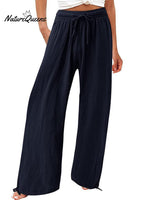 Women’s Cotton And Linen Wide Leg Casual Pants Navy / S